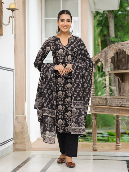 Floral Printed Mirror Embroidered Angrakha Style Kurta with Pants & Dupatta - Black