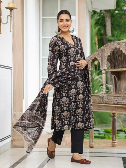 Floral Printed Mirror Embroidered Angrakha Style Kurta with Pants & Dupatta - Black