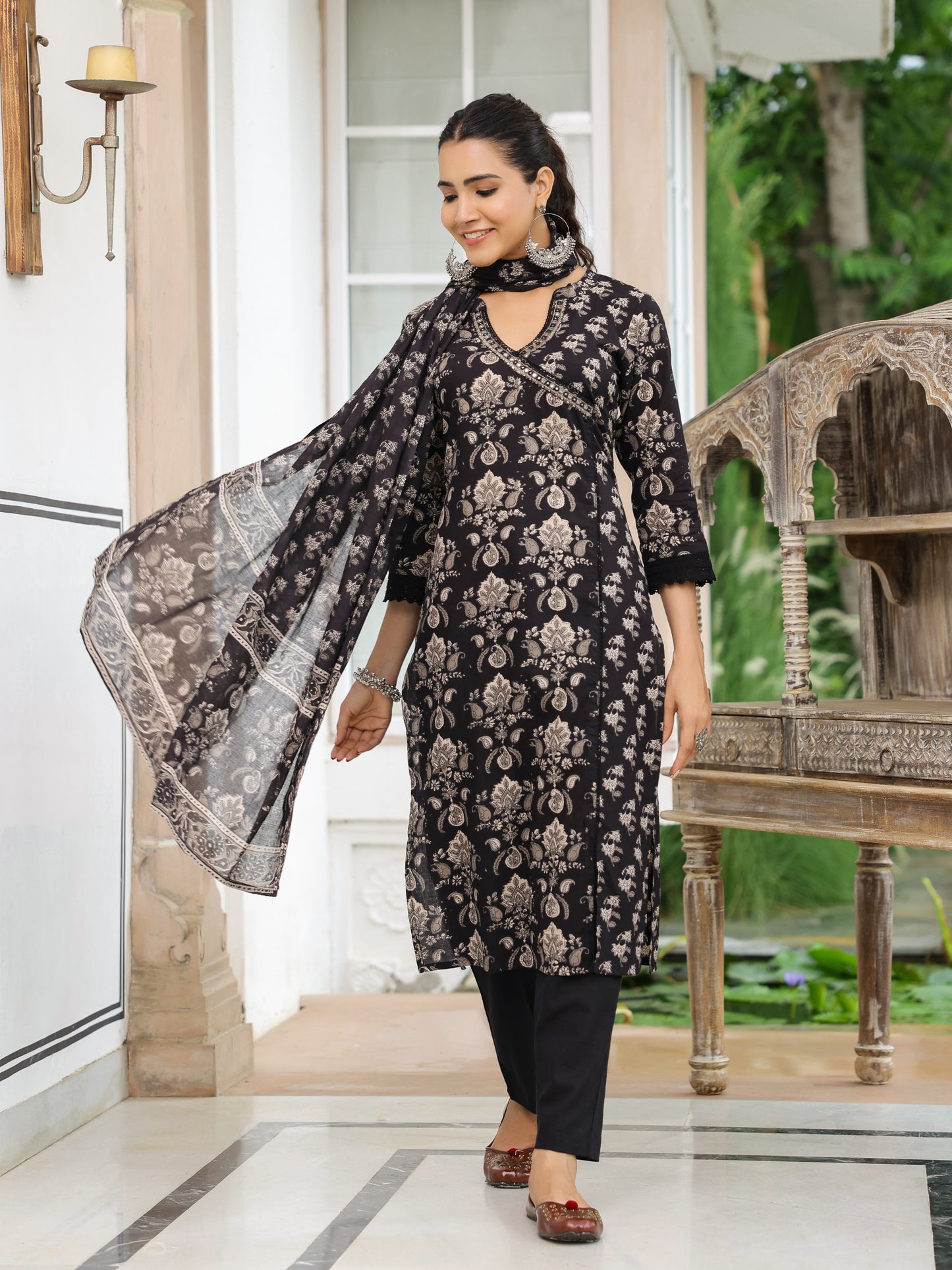 Floral Printed Mirror Embroidered Angrakha Style Kurta with Pants & Dupatta - Black