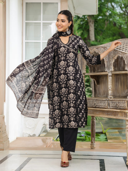 Floral Printed Mirror Embroidered Angrakha Style Kurta with Pants & Dupatta - Black