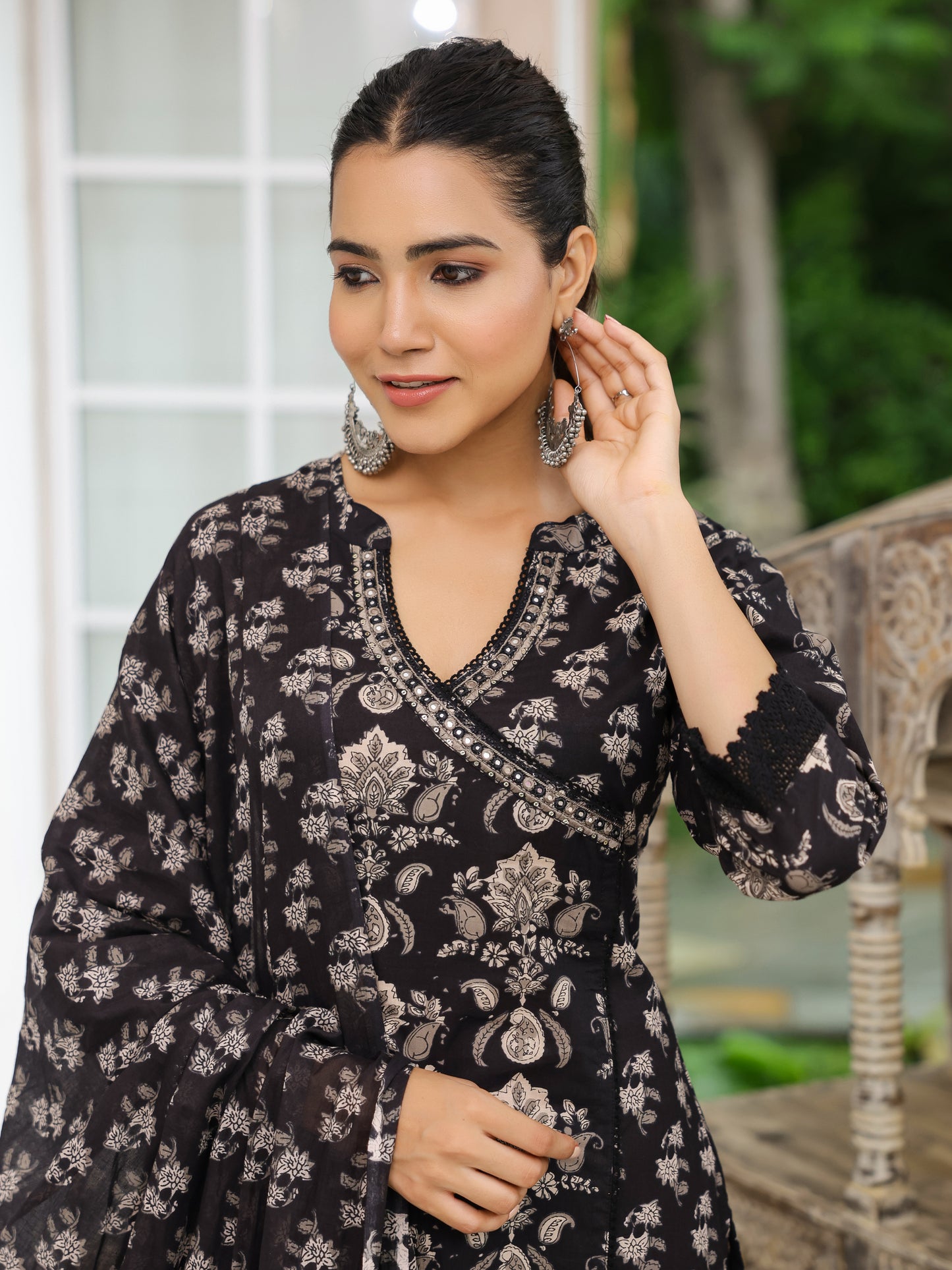 Floral Printed Mirror Embroidered Angrakha Style Kurta with Pants & Dupatta - Black