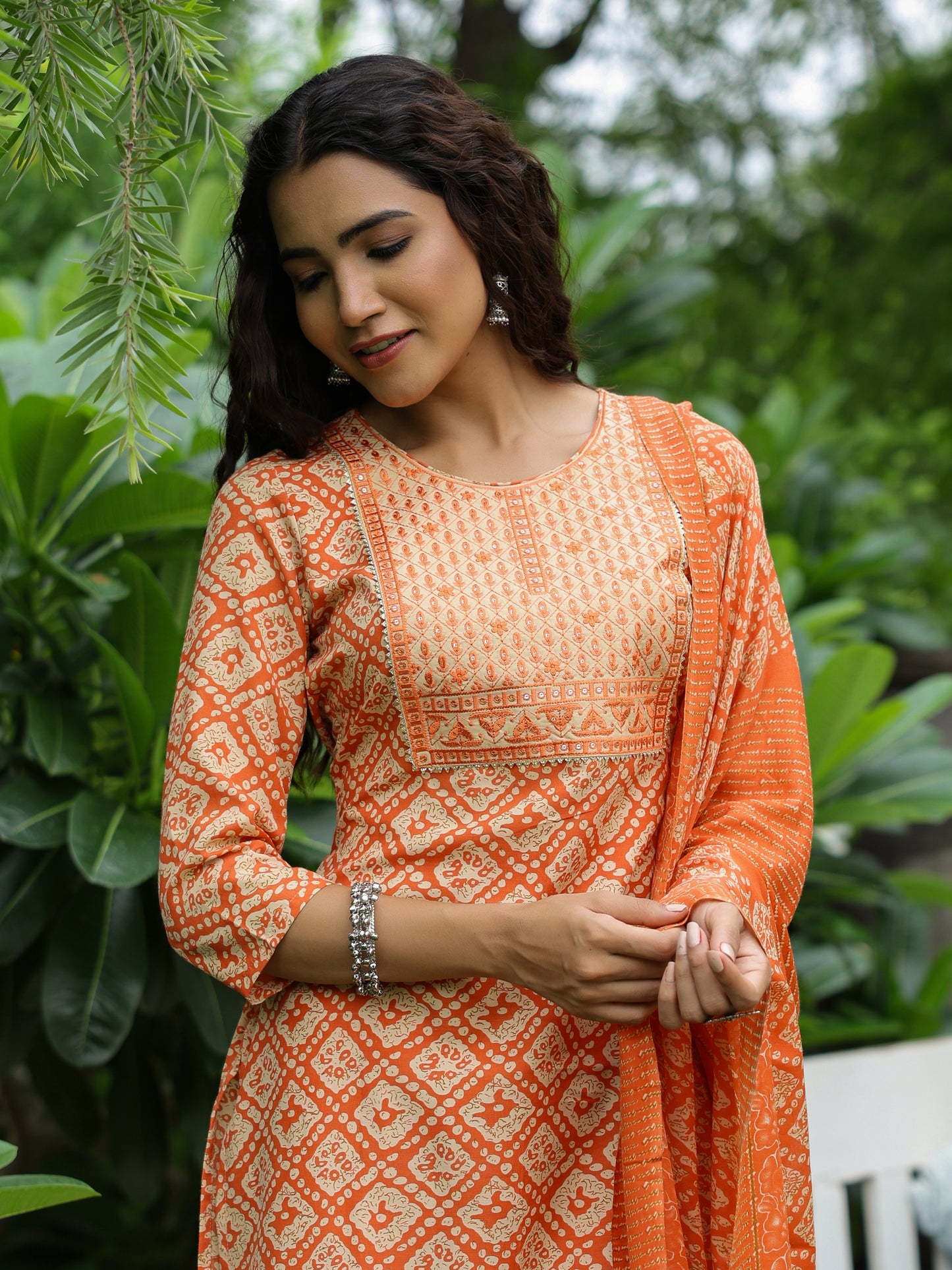 Abstract Printed Resham & Sequins Embroidered Kurta with Pants & Dupatta - Orange