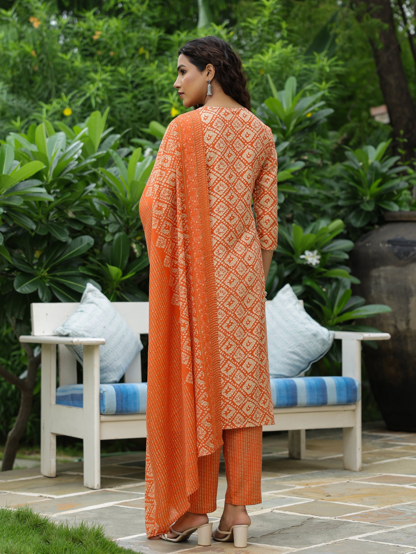 Abstract Printed Resham & Sequins Embroidered Kurta with Pants & Dupatta - Orange