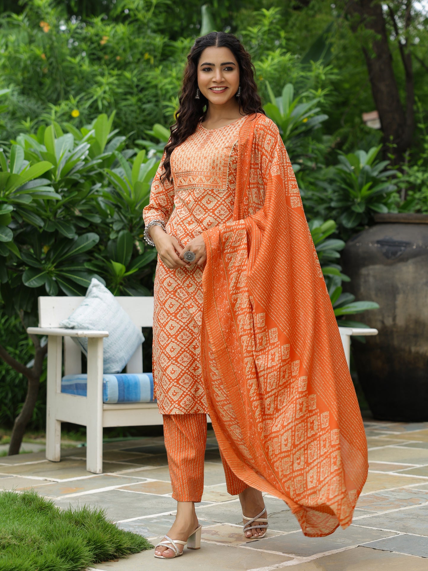 Abstract Printed Resham & Sequins Embroidered Kurta with Pants & Dupatta - Orange