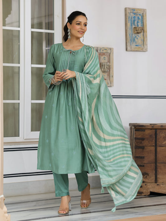 Solid Schiffili Embroidered lace Work Kurta with Pants & Dupatta - Green