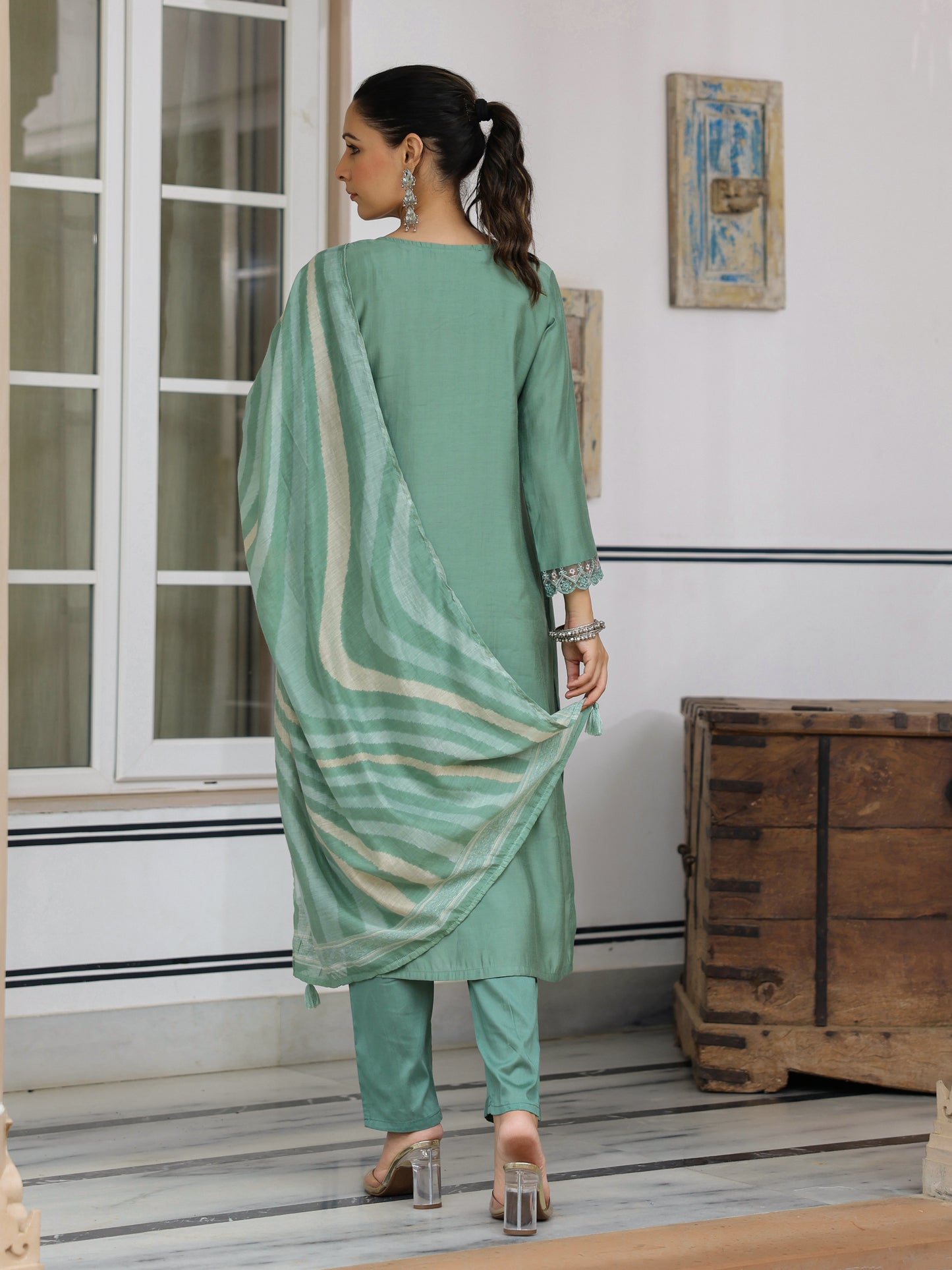 Solid Schiffili Embroidered lace Work Kurta with Pants & Dupatta - Green