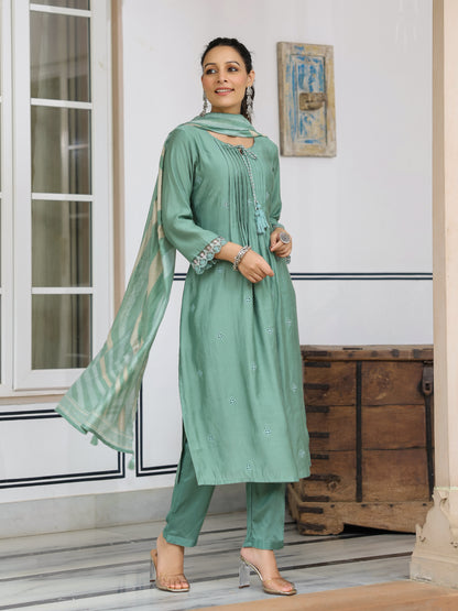 Solid Schiffili Embroidered lace Work Kurta with Pants & Dupatta - Green