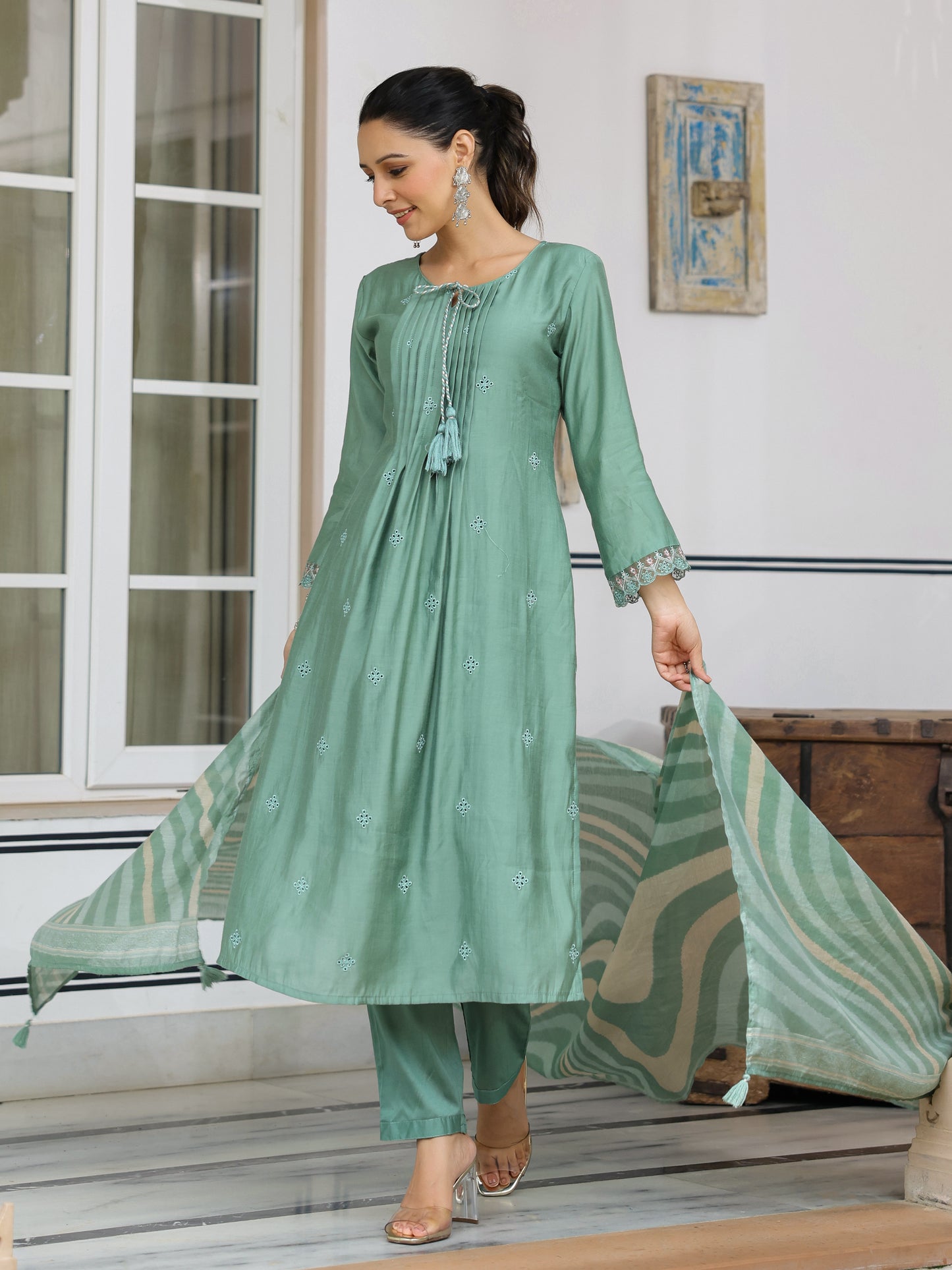 Solid Schiffili Embroidered lace Work Kurta with Pants & Dupatta - Green