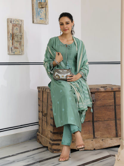 Solid Schiffili Embroidered lace Work Kurta with Pants & Dupatta - Green