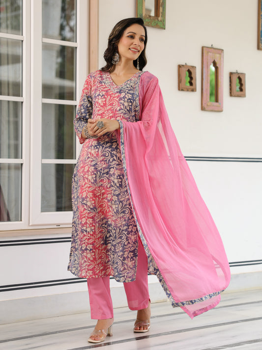 Floral Printed Mirror & Zari Embroidered Kurta with Pants & Dupatta - Multi