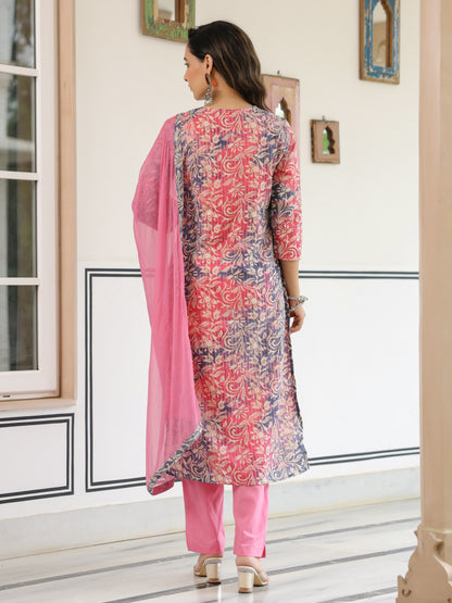 Floral Printed Mirror & Zari Embroidered Kurta with Pants & Dupatta - Multi