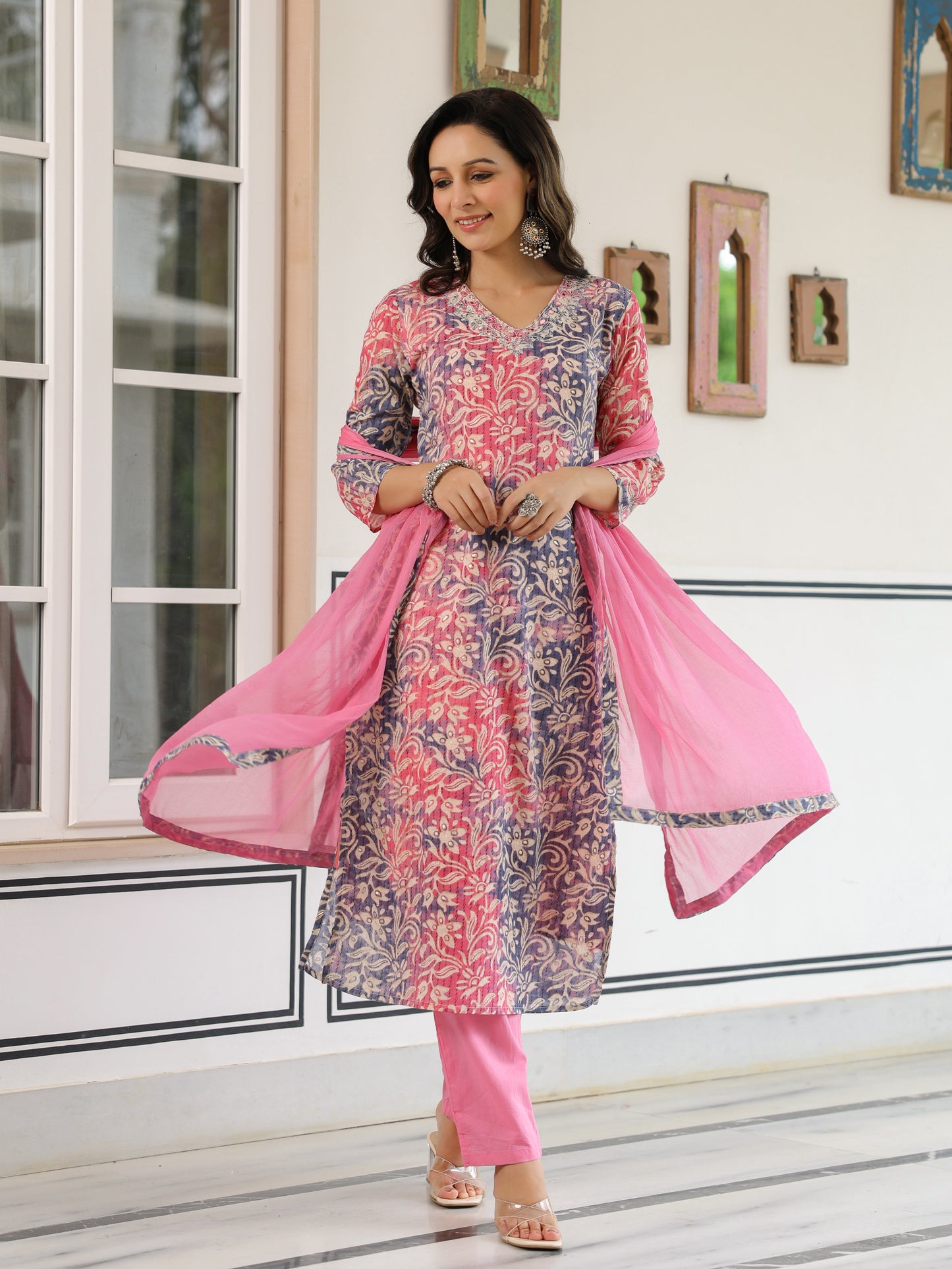 Floral Printed Mirror & Zari Embroidered Kurta with Pants & Dupatta - Multi