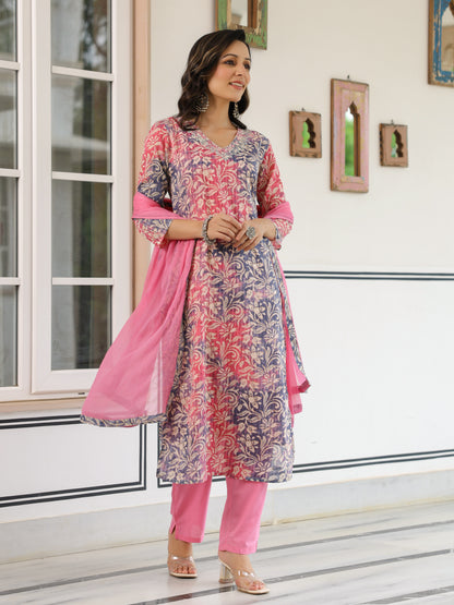 Floral Printed Mirror & Zari Embroidered Kurta with Pants & Dupatta - Multi