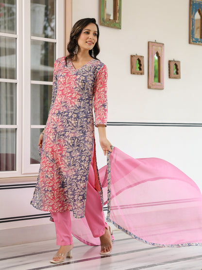 Floral Printed Mirror & Zari Embroidered Kurta with Pants & Dupatta - Multi