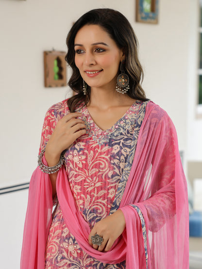 Floral Printed Mirror & Zari Embroidered Kurta with Pants & Dupatta - Multi