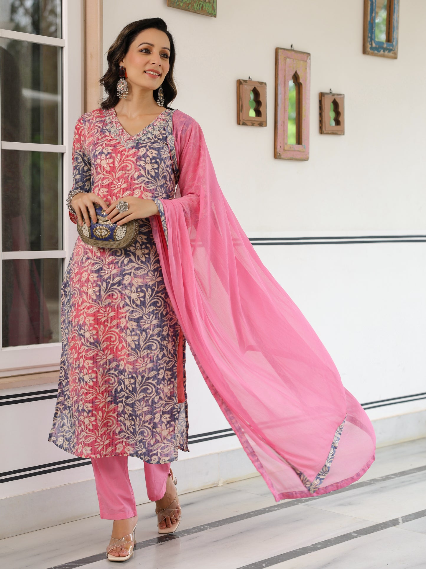 Floral Printed Mirror & Zari Embroidered Kurta with Pants & Dupatta - Multi