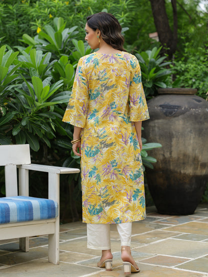 Floral & Embroidered Printed Straight Fit Kurta - Yellow