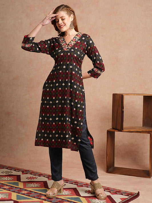 Ethnic Ikat Printed & Embroidered Straight Fit Kurta with Pant - Navy Blue