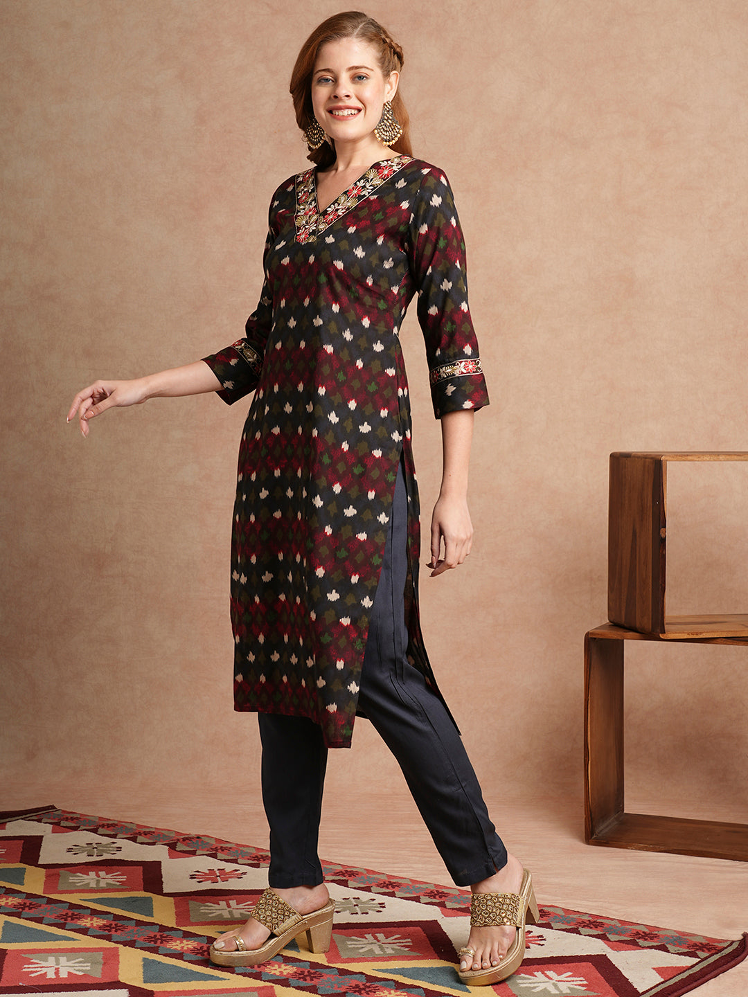 Ethnic Ikat Printed & Embroidered Straight Fit Kurta with Pant - Navy Blue