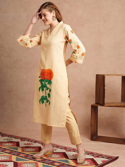 Solid Floral Printed Straight Fit Kurta with Pant - Pastel Yellow