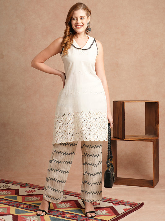 Solid Floral Schiffli Embroidered Straight Fit Kurta with Palazzo - Off White