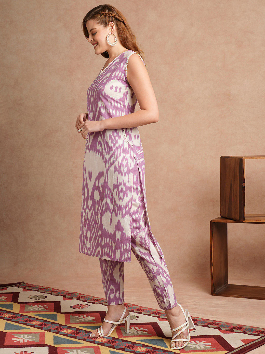 Ethnic Ikat Printed Straight Fit Co-ord Set - Lavender