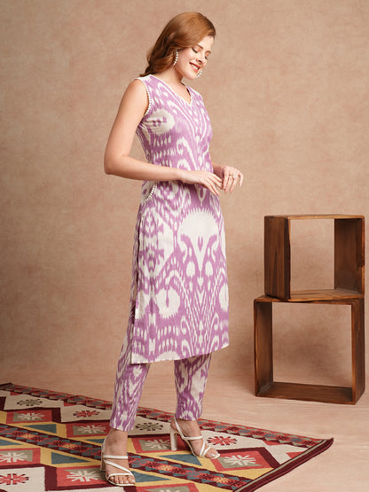 Ethnic Ikat Printed Straight Fit Co-ord Set - Lavender