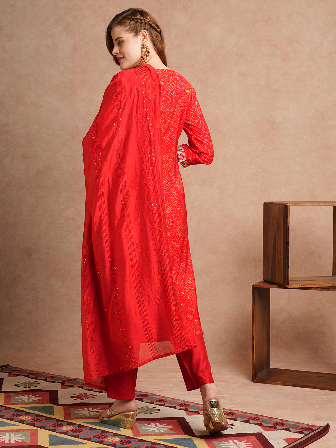 Bandhani Printed & Embroidered Straight Kurta with Pant & Dupatta - Red