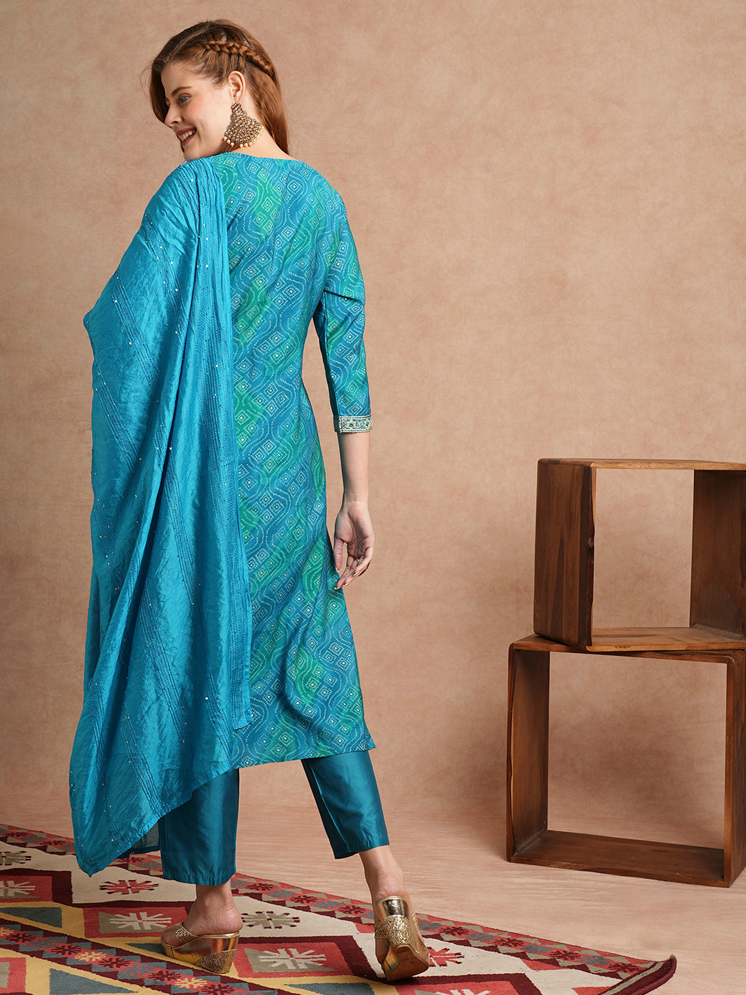 Bandhani Printed & Embroidered Straight Kurta with Pant & Dupatta - Turquoise Blue