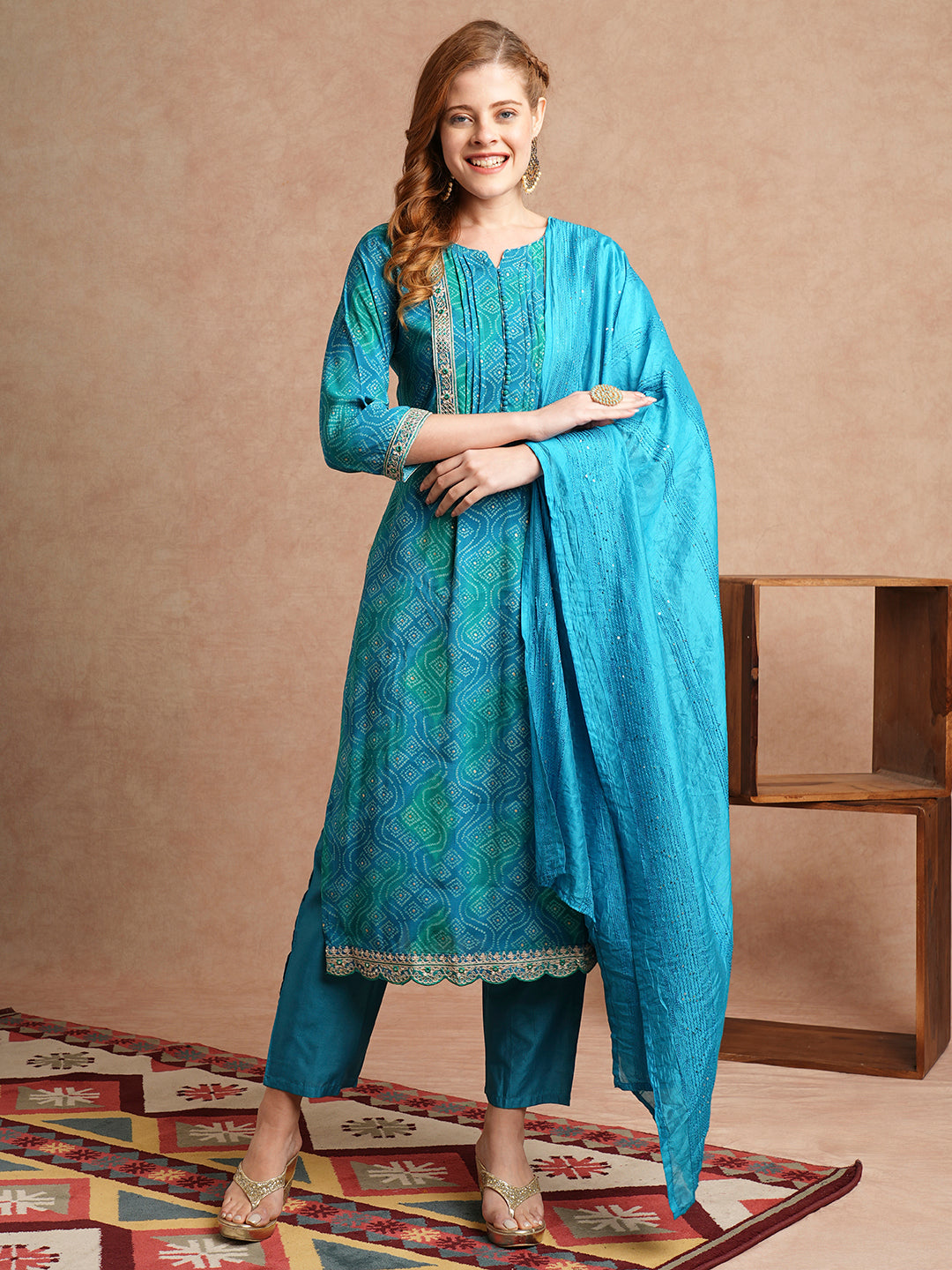 Bandhani Printed Embroidered Straight Kurta with Pant Dupatta Turquoise Blue