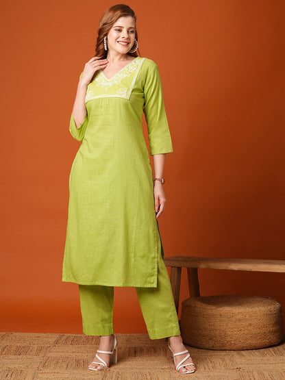 Solid Mirror Embroidered Straight Fit Co-ord Set - Green