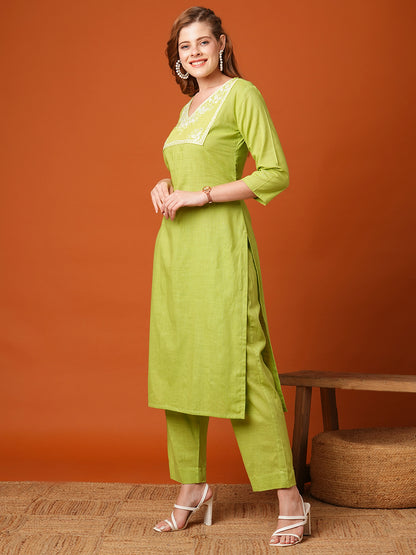 Solid Mirror Embroidered Straight Fit Co-ord Set - Green