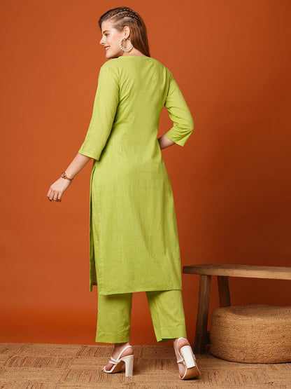 Solid Mirror Embroidered Straight Fit Co-ord Set - Green