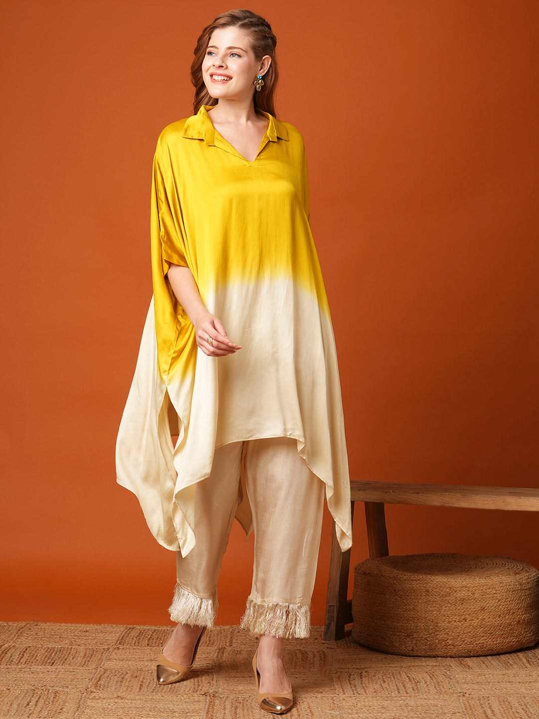 Solid Ombre Kaftan Kurta with Fringed Pant - Mustard Green