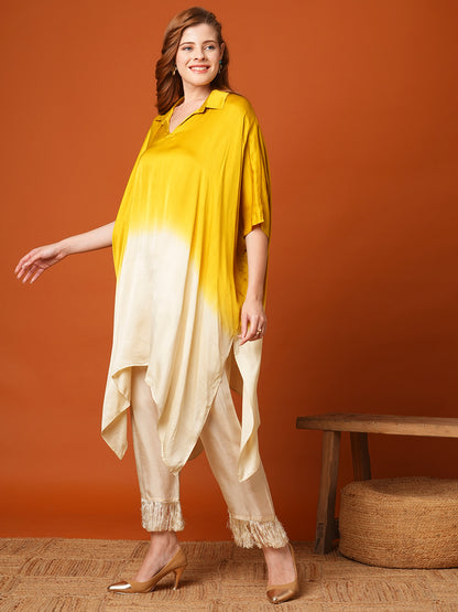 Solid Ombre Kaftan Kurta with Fringed Pant - Mustard Green