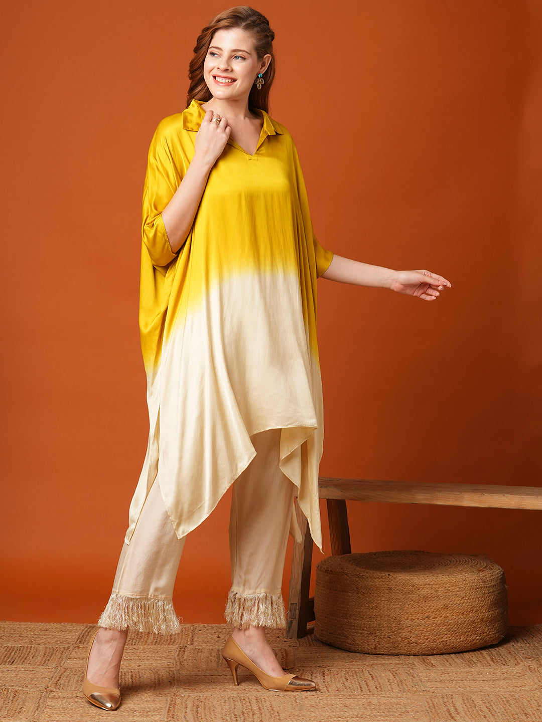 Solid Ombre Kaftan Kurta with Fringed Pant - Mustard Green