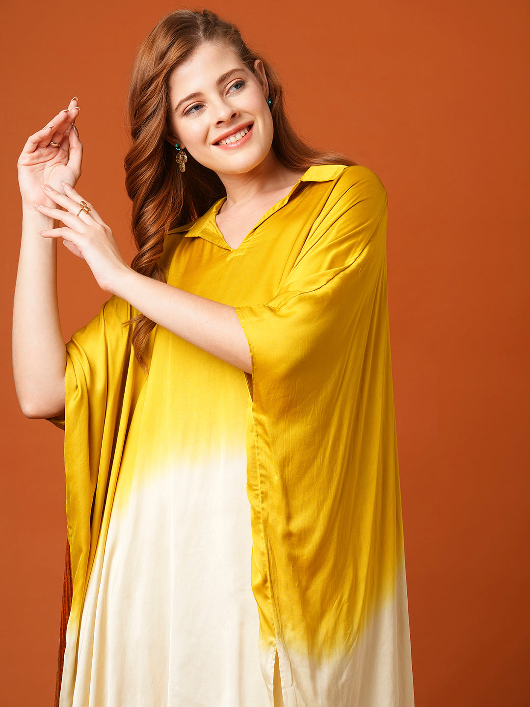 Solid Ombre Kaftan Kurta with Fringed Pant - Mustard Green