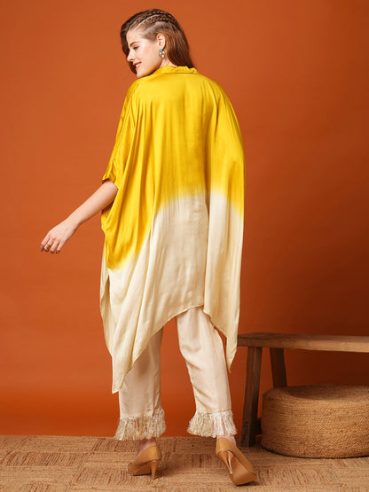 Solid Ombre Kaftan Kurta with Fringed Pant - Mustard Green