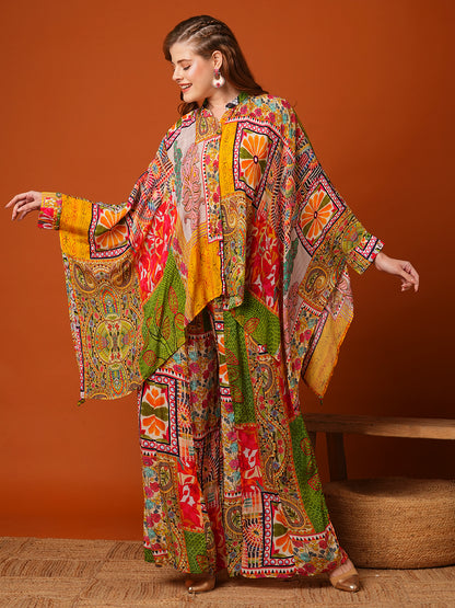 Multi Printed Mirror Embroidered Kaftan with Flared Palazzo Co-ord Set - Multi