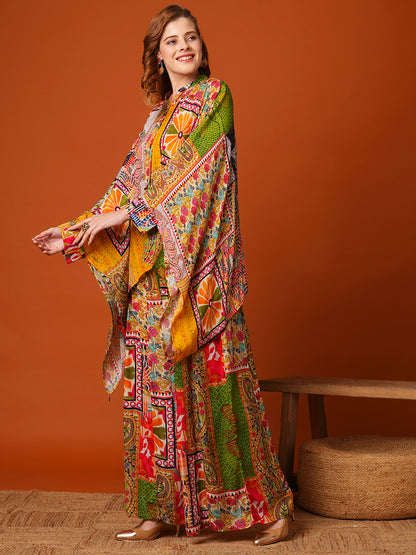 Multi Printed Mirror Embroidered Kaftan with Flared Palazzo Co-ord Set - Multi