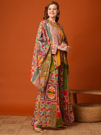 Multi Printed Mirror Embroidered Kaftan with Flared Palazzo Co-ord Set - Multi