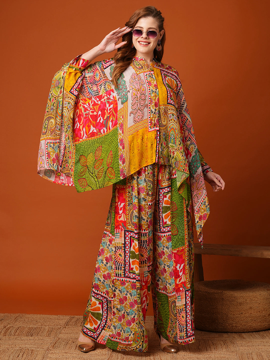 Multi Printed Mirror Embroidered Kaftan with Flared Palazzo Co-ord Set - Multi