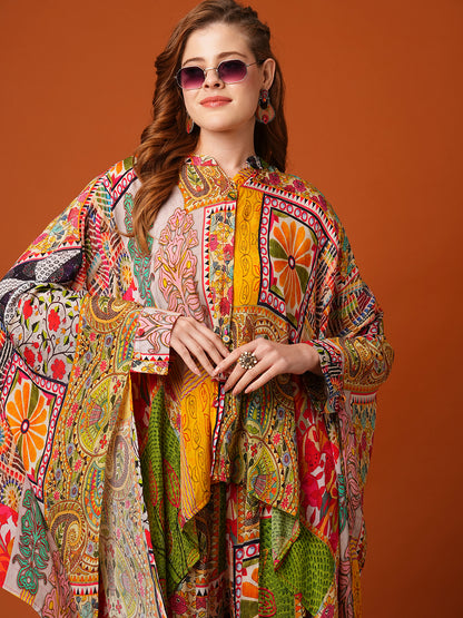 Multi Printed Mirror Embroidered Kaftan with Flared Palazzo Co-ord Set - Multi