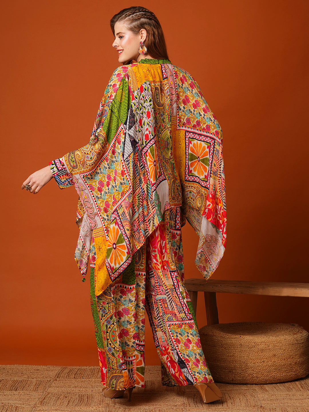 Multi Printed Mirror Embroidered Kaftan with Flared Palazzo Co-ord Set - Multi