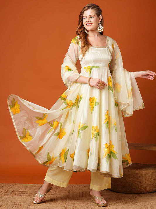 Floral Hand Painted A-Line Flared Kurta with Palazzo & Dupatta - Cream