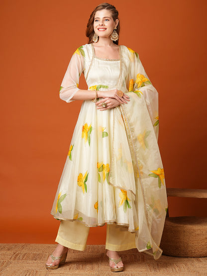 Floral Hand Painted A-Line Flared Kurta with Palazzo & Dupatta - Cream