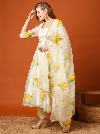 Floral Hand Painted A-Line Flared Kurta with Palazzo & Dupatta - Cream