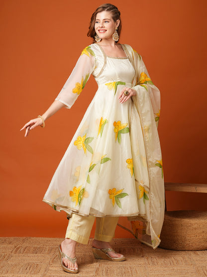 Floral Hand Painted A-Line Flared Kurta with Palazzo & Dupatta - Cream