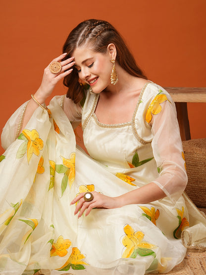 Floral Hand Painted A-Line Flared Kurta with Palazzo & Dupatta - Cream