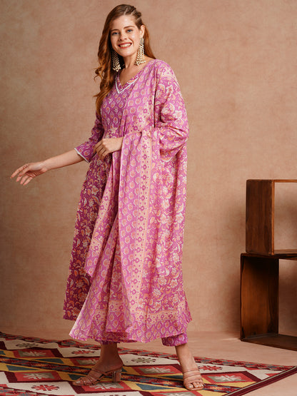 Ethnic Floral Printed Anarkali Kurta with Pant & Pure Cotton Dupatta - Purple